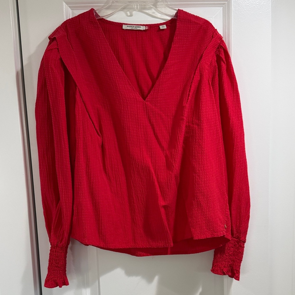 Scotch & Soda Red Textured V-Neck Blouse